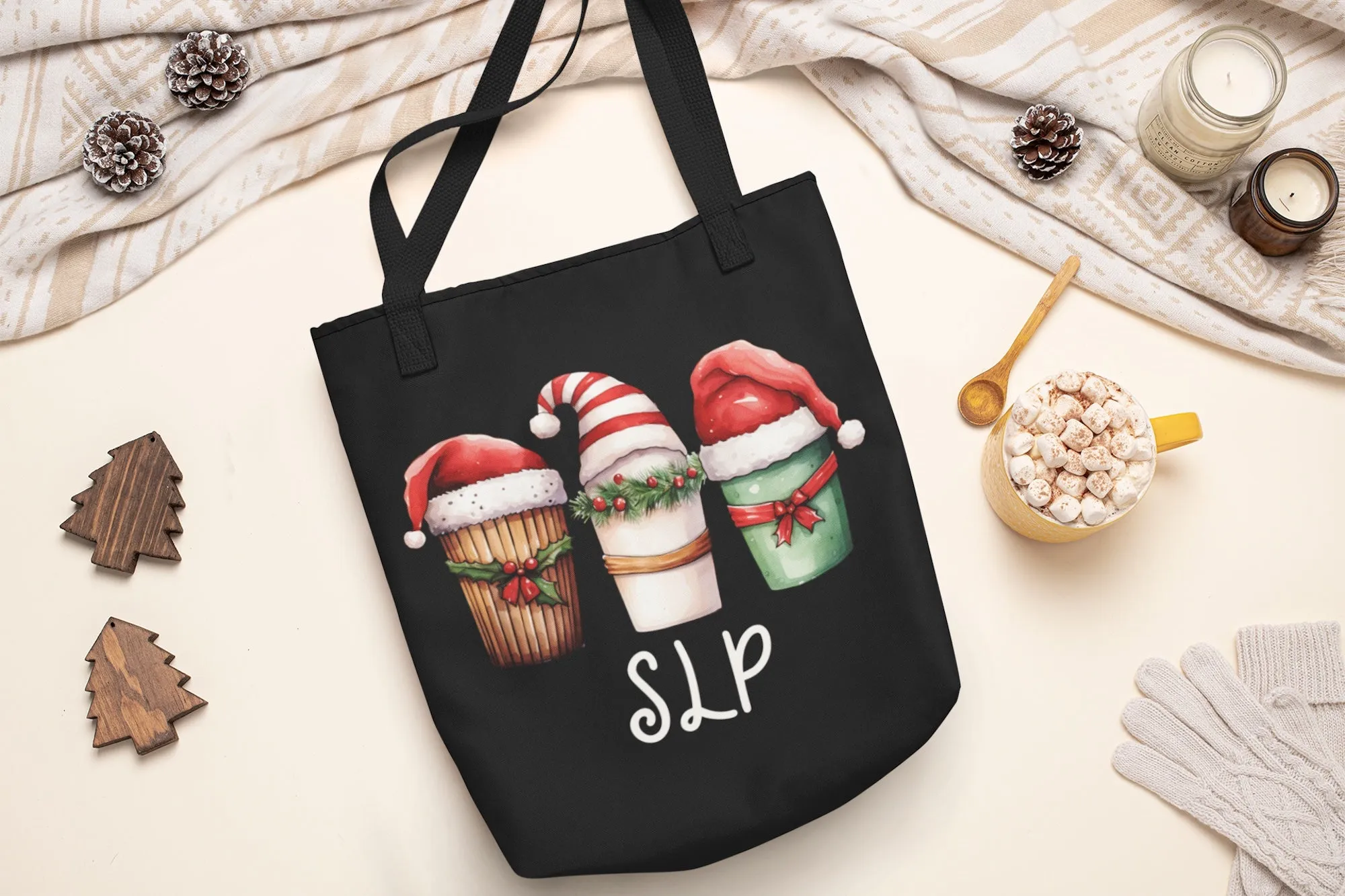 SLP Black Christmas Tote with Coffee & Santa Hat