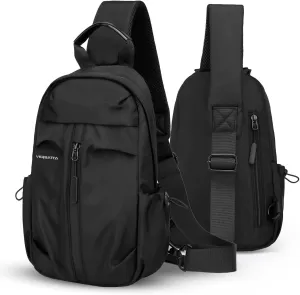 Small Black Sling Crossbody Backpack, Adjustable Mini Backpack for Men Women, Lightweight One Strap Sling Bag for Hiking Walking Biking Travel USB Charger Port-Nylon