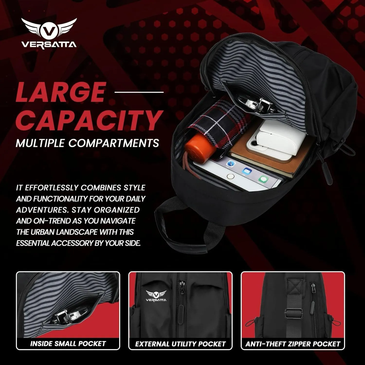 Small Black Sling Crossbody Backpack, Adjustable Mini Backpack for Men Women, Lightweight One Strap Sling Bag for Hiking Walking Biking Travel USB Charger Port-Nylon