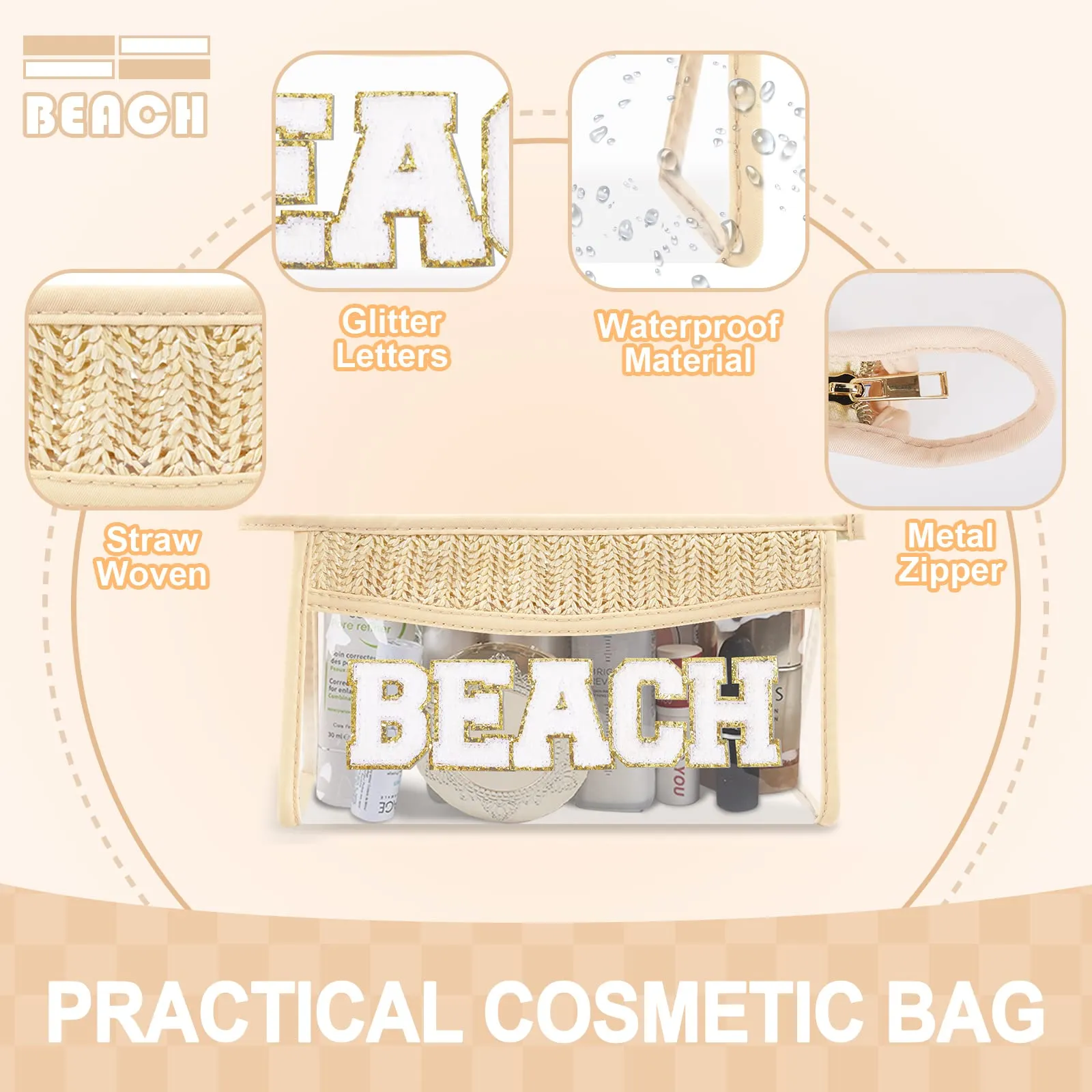 Small Boho Straw Clear Beach Makeup Bags for Women&Girls, Zipper Cosmetic Bag Chenille Varsity Letter Patch Bag, Preppy Cute Toiletry Pouch, Trendy Organizer Storage Bag for Beach Travel Essentials
