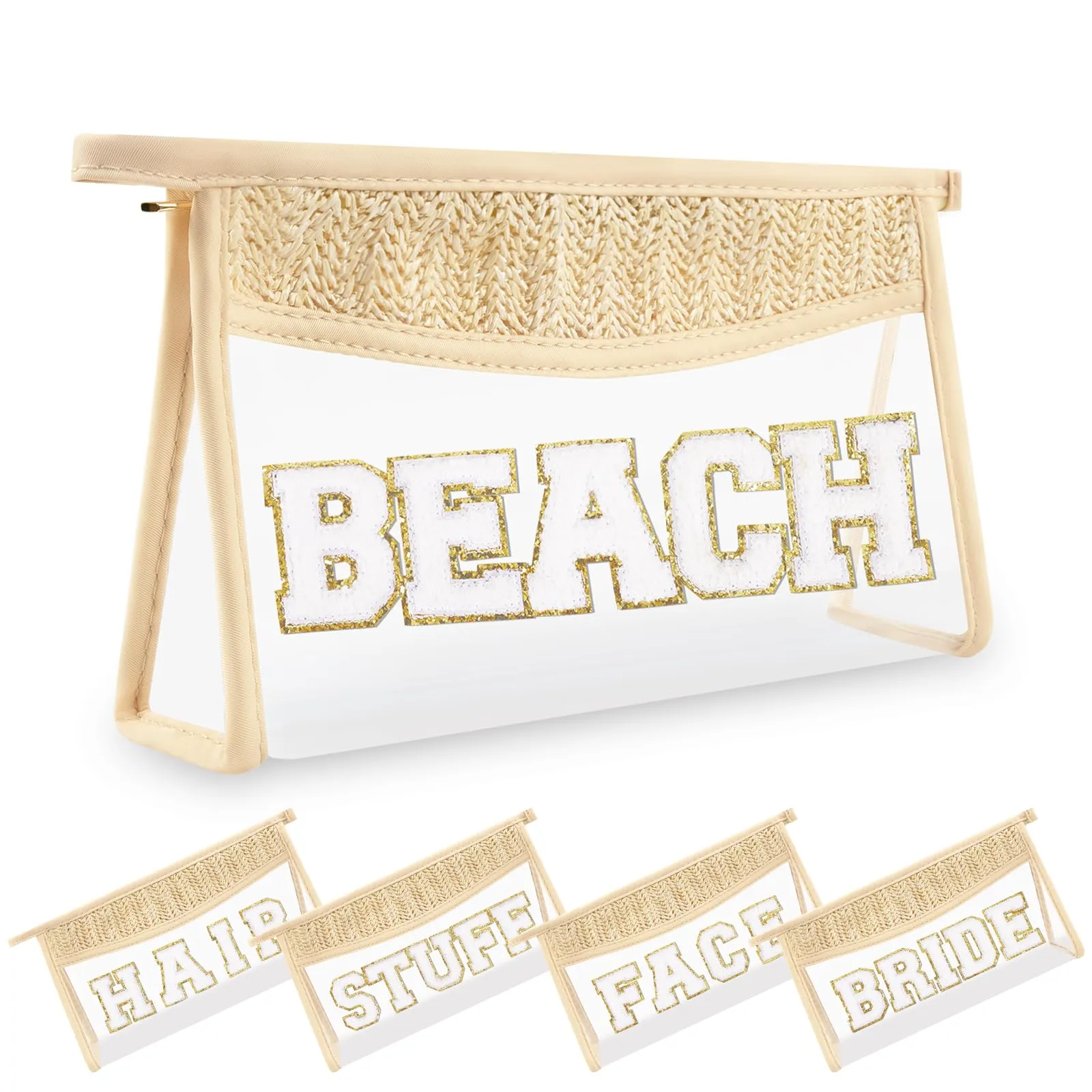 Small Boho Straw Clear Beach Makeup Bags for Women&Girls, Zipper Cosmetic Bag Chenille Varsity Letter Patch Bag, Preppy Cute Toiletry Pouch, Trendy Organizer Storage Bag for Beach Travel Essentials