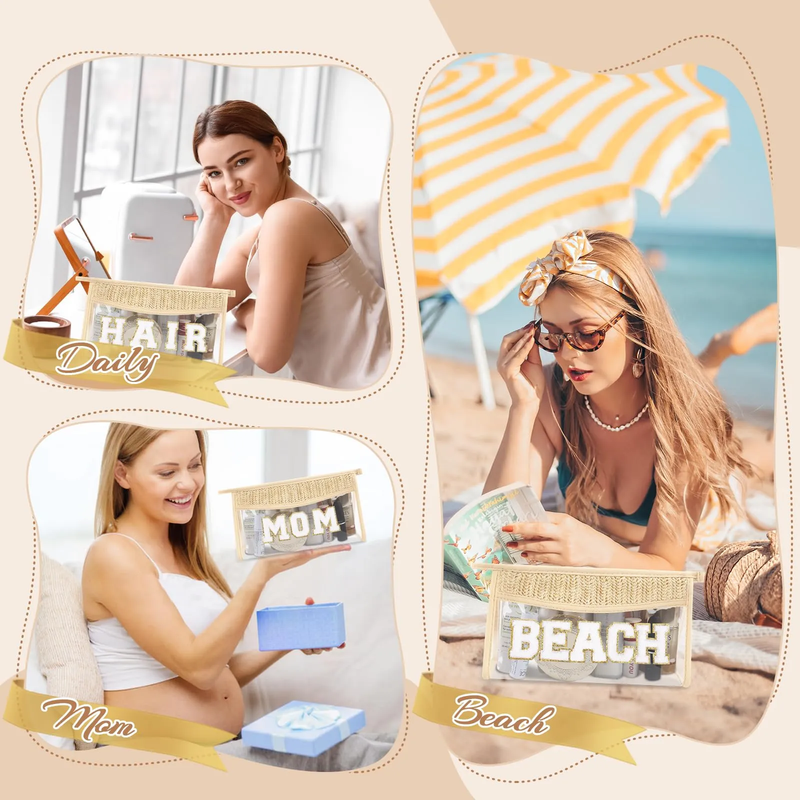 Small Boho Straw Clear Beach Makeup Bags for Women&Girls, Zipper Cosmetic Bag Chenille Varsity Letter Patch Bag, Preppy Cute Toiletry Pouch, Trendy Organizer Storage Bag for Beach Travel Essentials