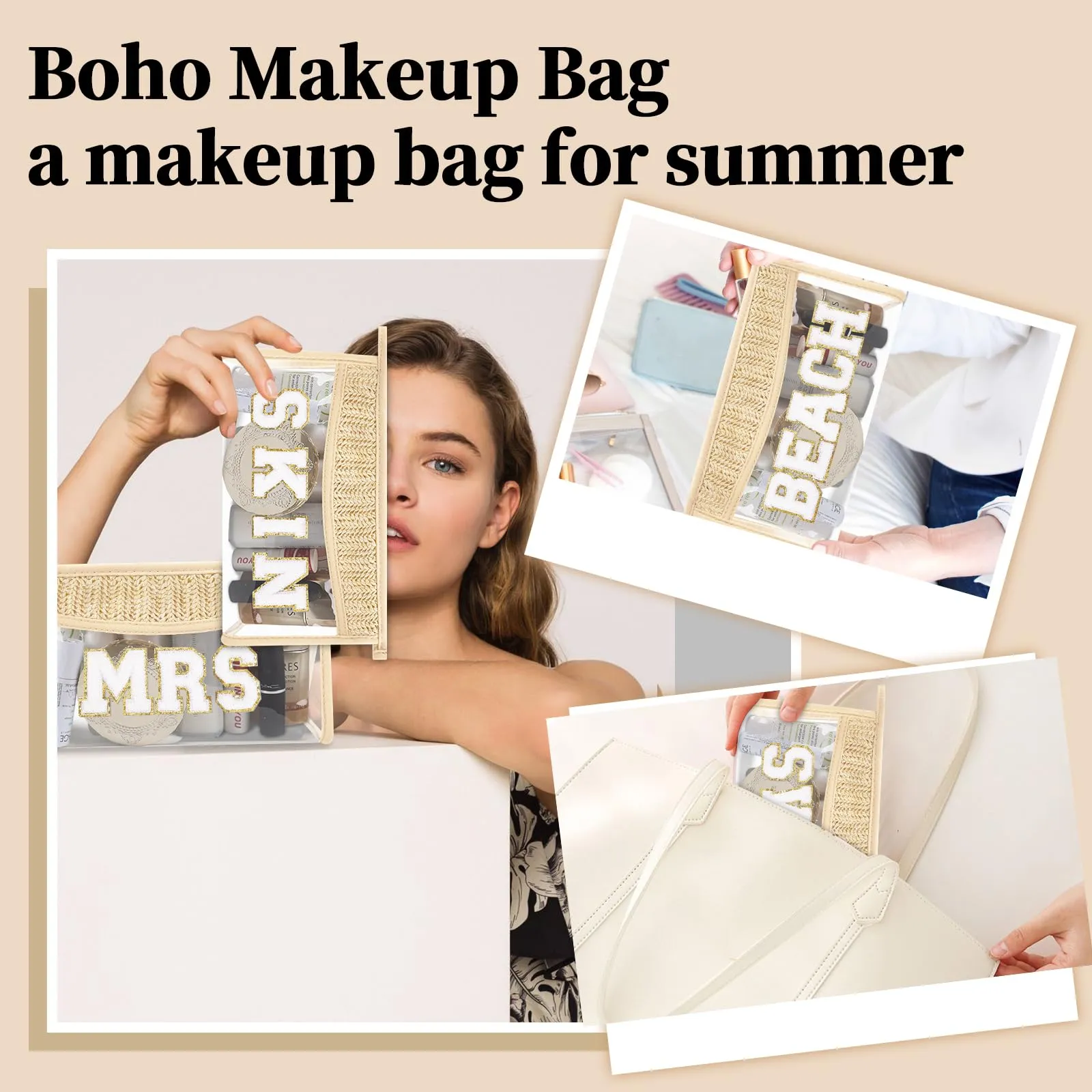 Small Boho Straw Clear Beach Makeup Bags for Women&Girls, Zipper Cosmetic Bag Chenille Varsity Letter Patch Bag, Preppy Cute Toiletry Pouch, Trendy Organizer Storage Bag for Beach Travel Essentials