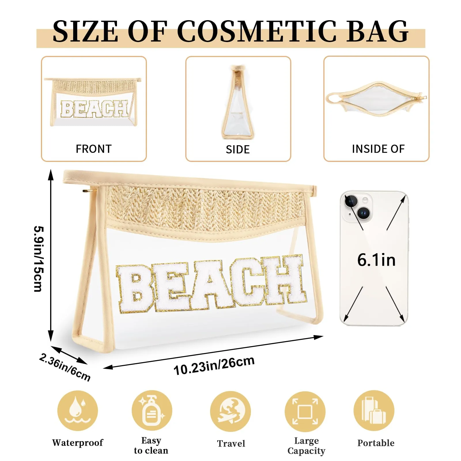 Small Boho Straw Clear Beach Makeup Bags for Women&Girls, Zipper Cosmetic Bag Chenille Varsity Letter Patch Bag, Preppy Cute Toiletry Pouch, Trendy Organizer Storage Bag for Beach Travel Essentials