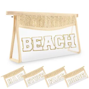Small Boho Straw Clear Beach Makeup Bags for Women&Girls, Zipper Cosmetic Bag Chenille Varsity Letter Patch Bag, Preppy Cute Toiletry Pouch, Trendy Organizer Storage Bag for Beach Travel Essentials