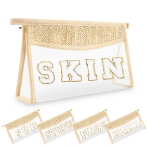 Small Boho Straw Clear Skin Makeup Bags for Women&Girls, Zipper Cosmetic Bag Chenille Varsity Letter Patch Bag, Preppy Cute Toiletry Pouch, Trendy Organizer Storage Bag for Beach Travel Essentials