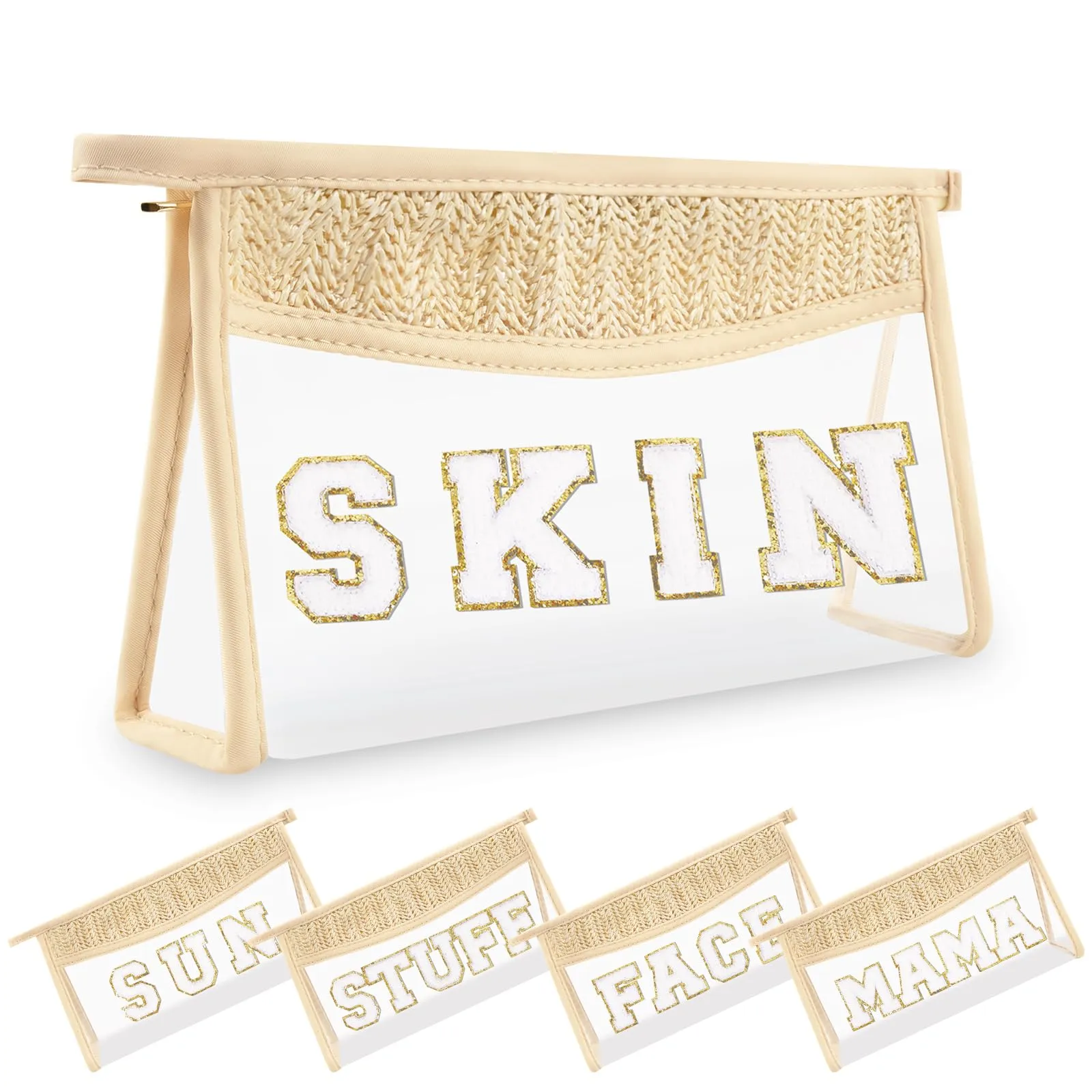 Small Boho Straw Clear Skin Makeup Bags for Women&Girls, Zipper Cosmetic Bag Chenille Varsity Letter Patch Bag, Preppy Cute Toiletry Pouch, Trendy Organizer Storage Bag for Beach Travel Essentials