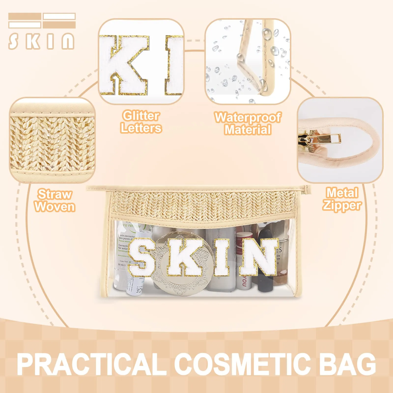 Small Boho Straw Clear Skin Makeup Bags for Women&Girls, Zipper Cosmetic Bag Chenille Varsity Letter Patch Bag, Preppy Cute Toiletry Pouch, Trendy Organizer Storage Bag for Beach Travel Essentials