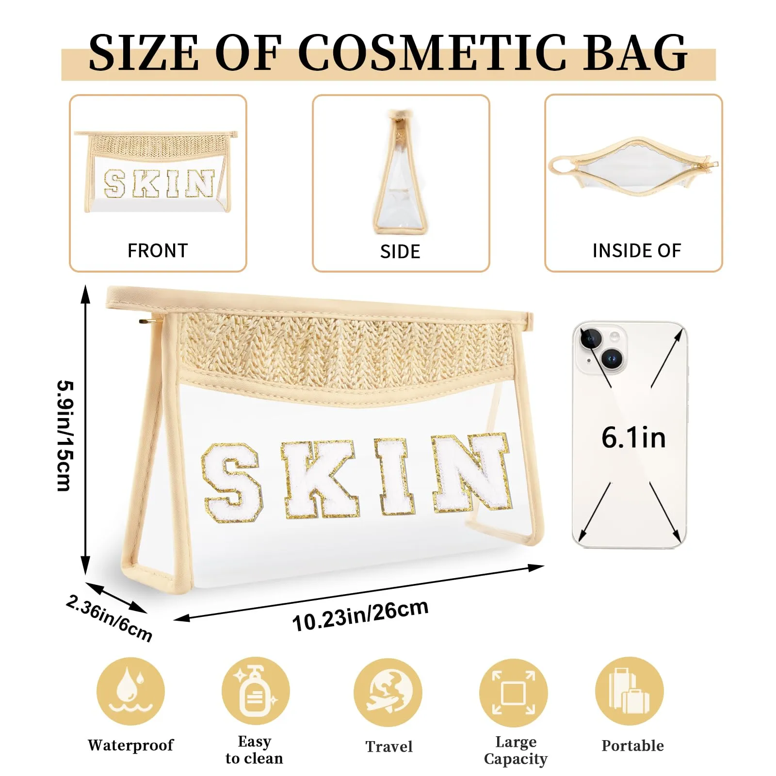 Small Boho Straw Clear Skin Makeup Bags for Women&Girls, Zipper Cosmetic Bag Chenille Varsity Letter Patch Bag, Preppy Cute Toiletry Pouch, Trendy Organizer Storage Bag for Beach Travel Essentials
