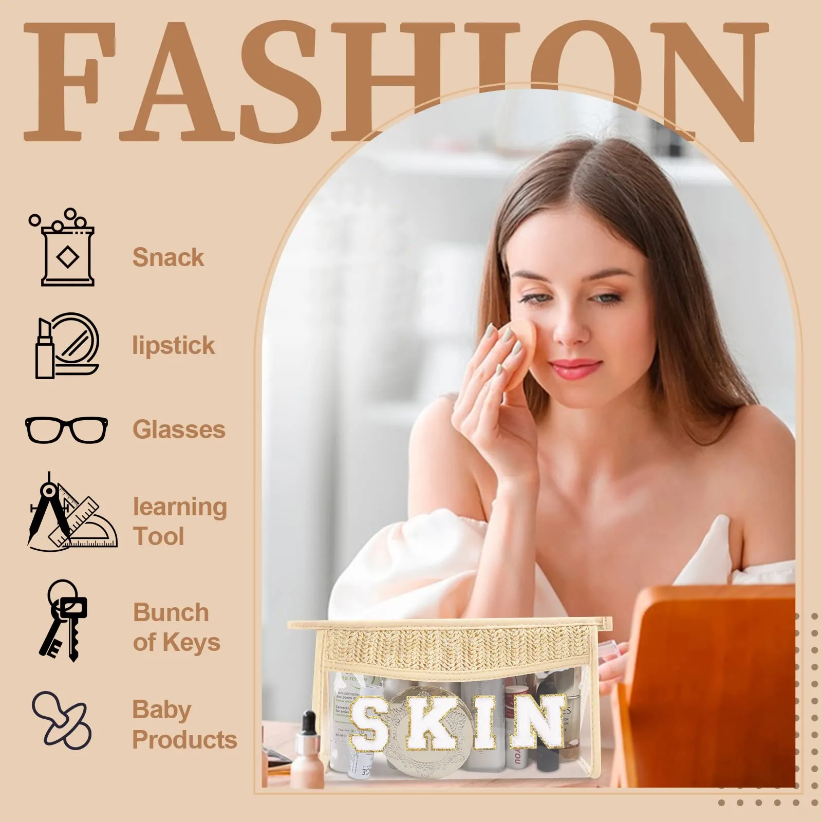 Small Boho Straw Clear Skin Makeup Bags for Women&Girls, Zipper Cosmetic Bag Chenille Varsity Letter Patch Bag, Preppy Cute Toiletry Pouch, Trendy Organizer Storage Bag for Beach Travel Essentials