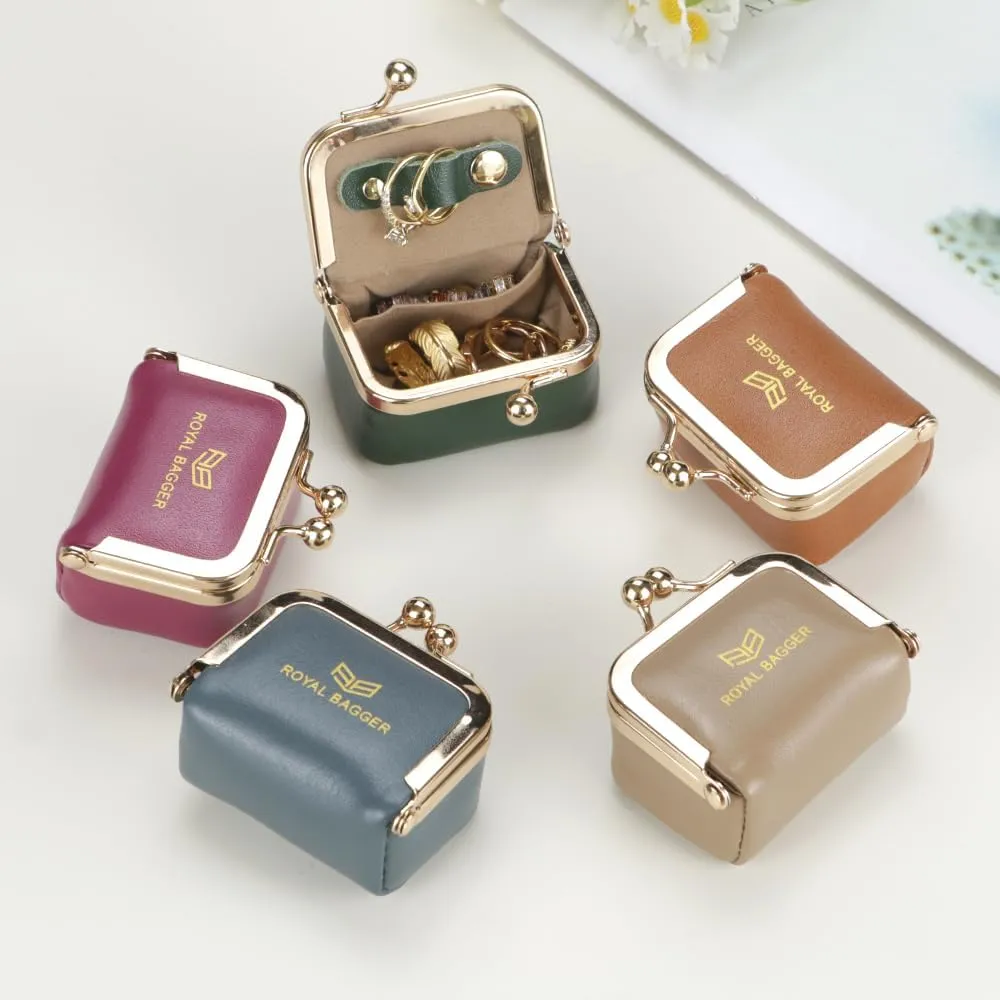 Small Size, Retro Genuine Leather Mini Kiss Lock Coin Purse – Women's Jewelry Box for Earrings, Rings & More 3894 (Rose)