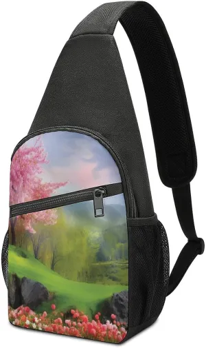 Small Sling Chest Bag Crossbody Bag for Men Women,Spring Scenery Lightweight Gym Daypack for Travel Cycling Hiking