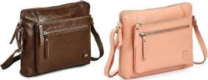 Small Soft Pebbled Real Leather Crossbody Handbags & Purses - Triple Zip Premium Sling Crossover Shoulder Bag for Women Pack of 2 - Peach & Chocolate Color