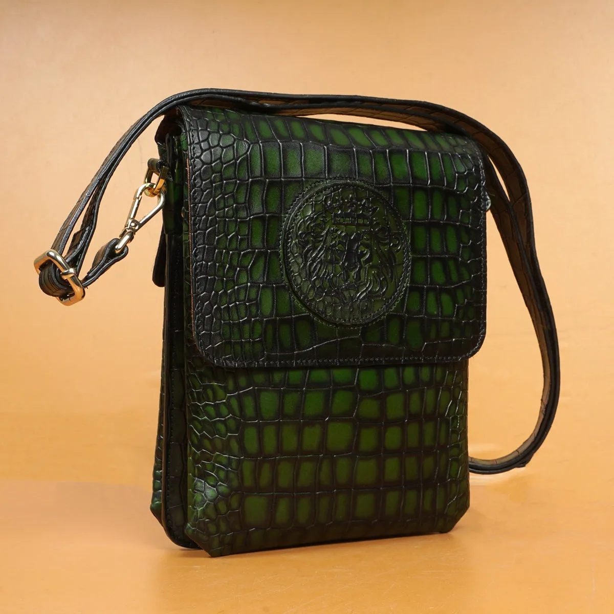 Smokey Green Crossbody Bag in Croco Textured Leather With Embossed Lion