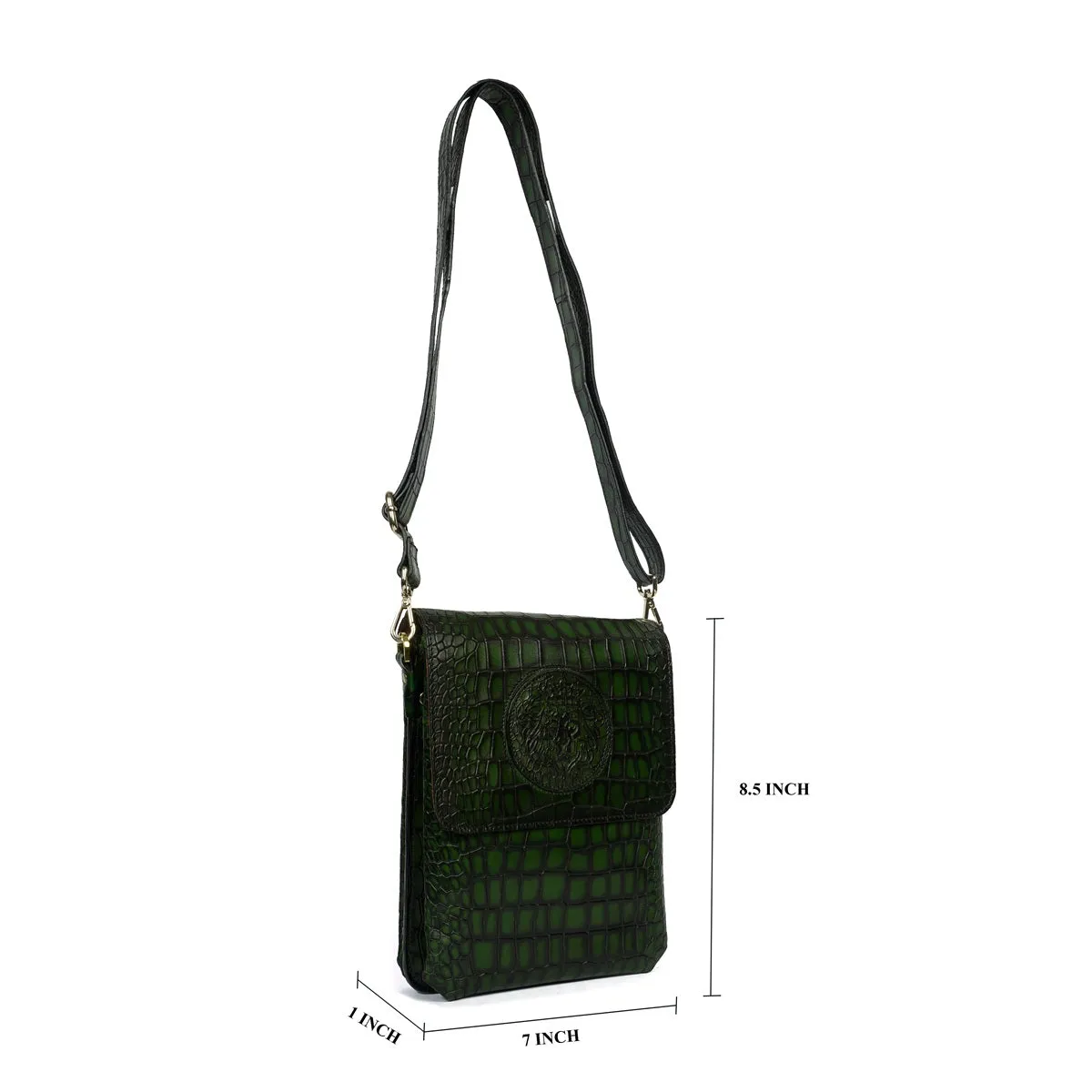 Smokey Green Crossbody Bag in Croco Textured Leather With Embossed Lion