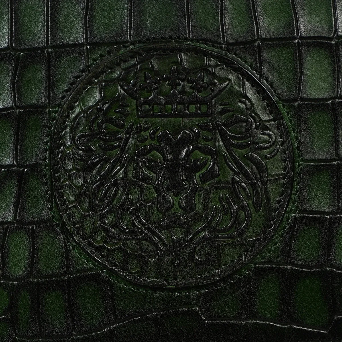 Smokey Green Crossbody Bag in Croco Textured Leather With Embossed Lion
