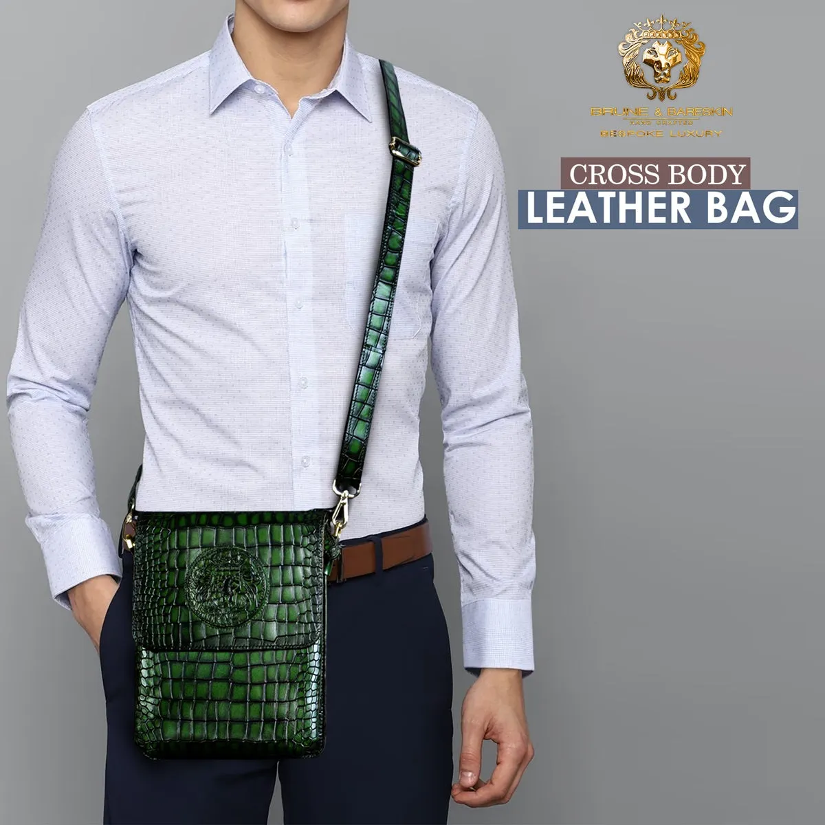 Smokey Green Crossbody Bag in Croco Textured Leather With Embossed Lion