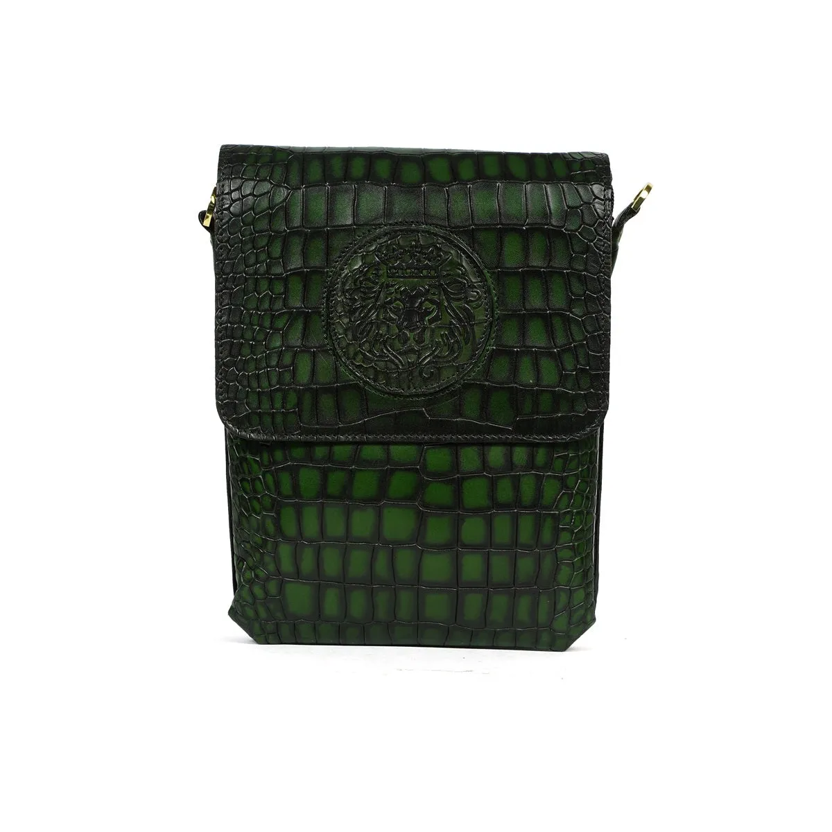 Smokey Green Crossbody Bag in Croco Textured Leather With Embossed Lion
