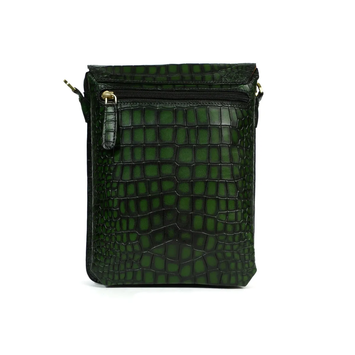 Smokey Green Crossbody Bag in Croco Textured Leather With Embossed Lion