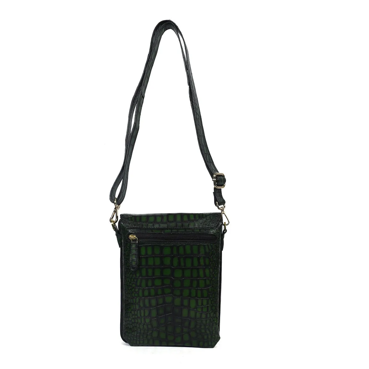 Smokey Green Crossbody Bag in Croco Textured Leather With Embossed Lion