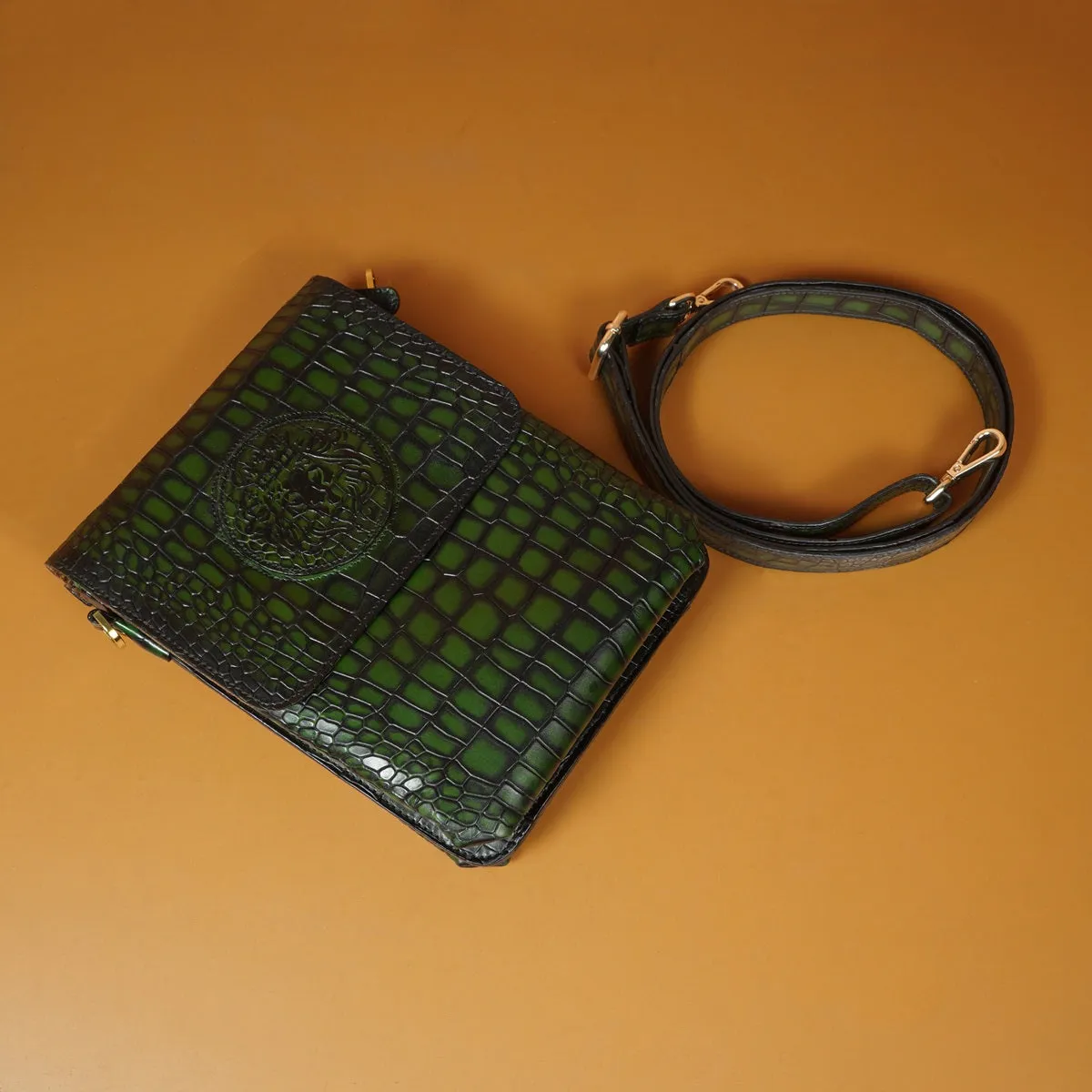 Smokey Green Crossbody Bag in Croco Textured Leather With Embossed Lion
