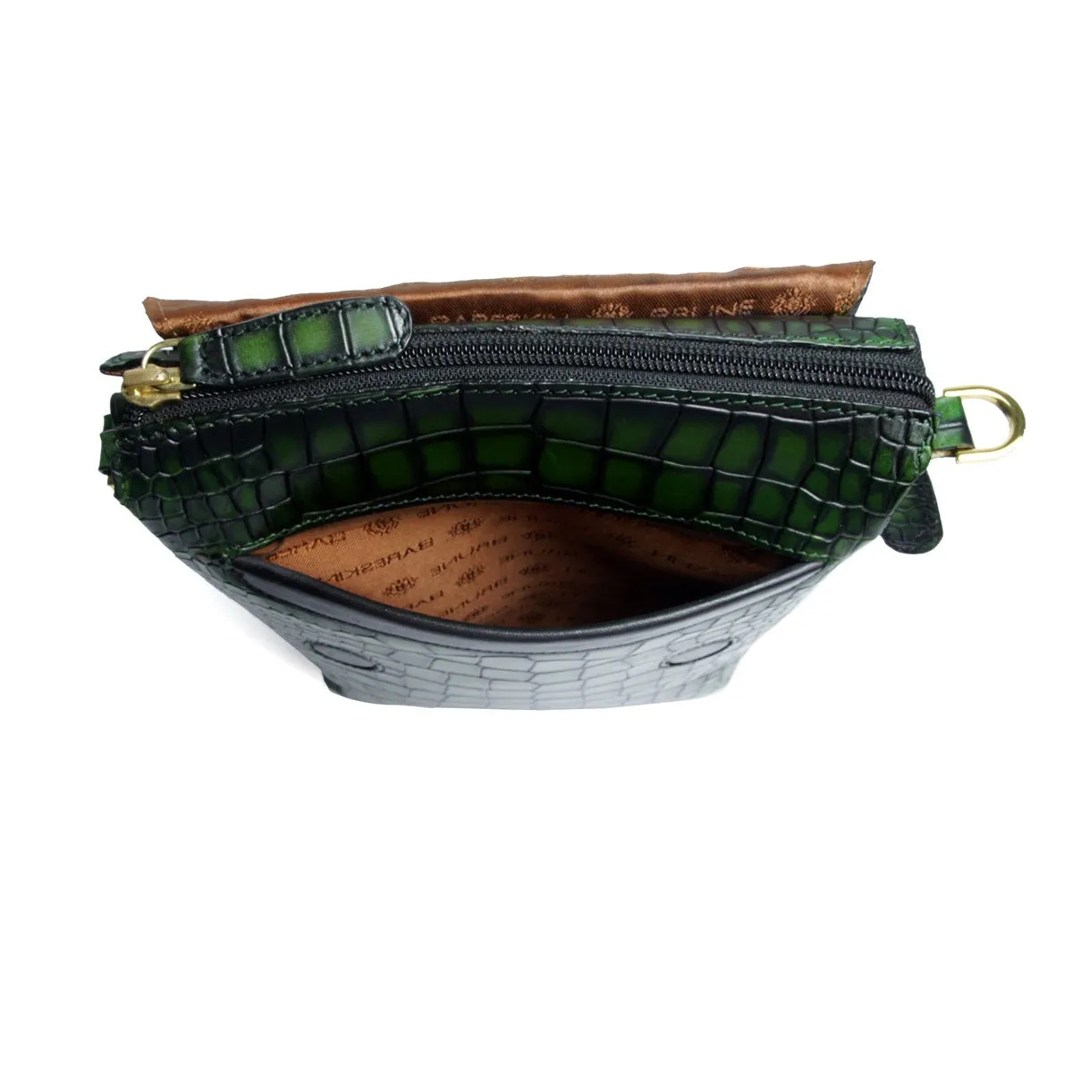Smokey Green Crossbody Bag in Croco Textured Leather With Embossed Lion