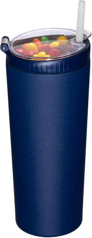 Snack tumbler with lid and straw, stainless steel insulated 2-in-1 travel coffee mug, water bottle with snack cup (Navy Blue, 22, ounces)