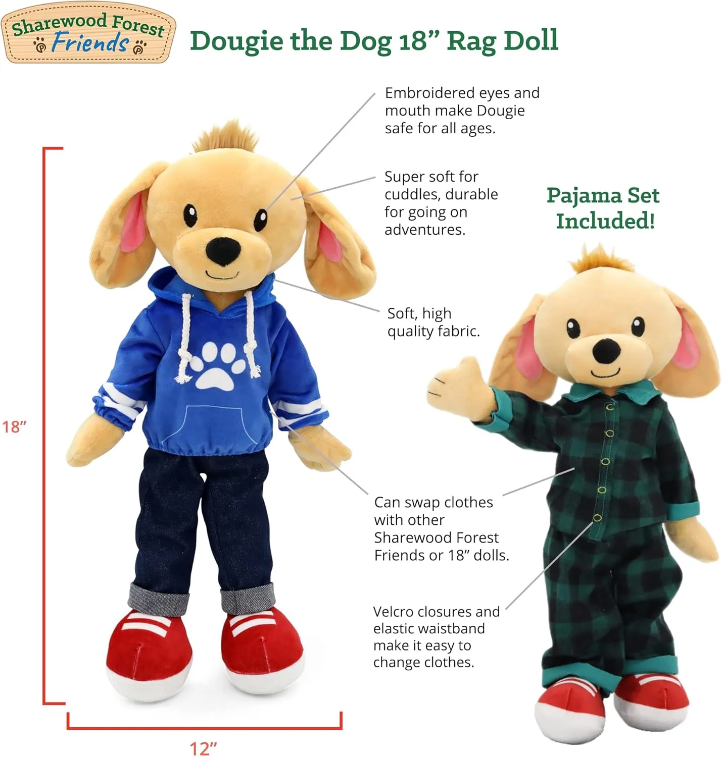 Soft Baby Doll - Plush Rag with 2 Clothing Sets, My First Plush Toy for Girls, Boys & Infants, Stuffed Toy, Adorable Companion for 1 Year Old & Up - 18 Inch Dog