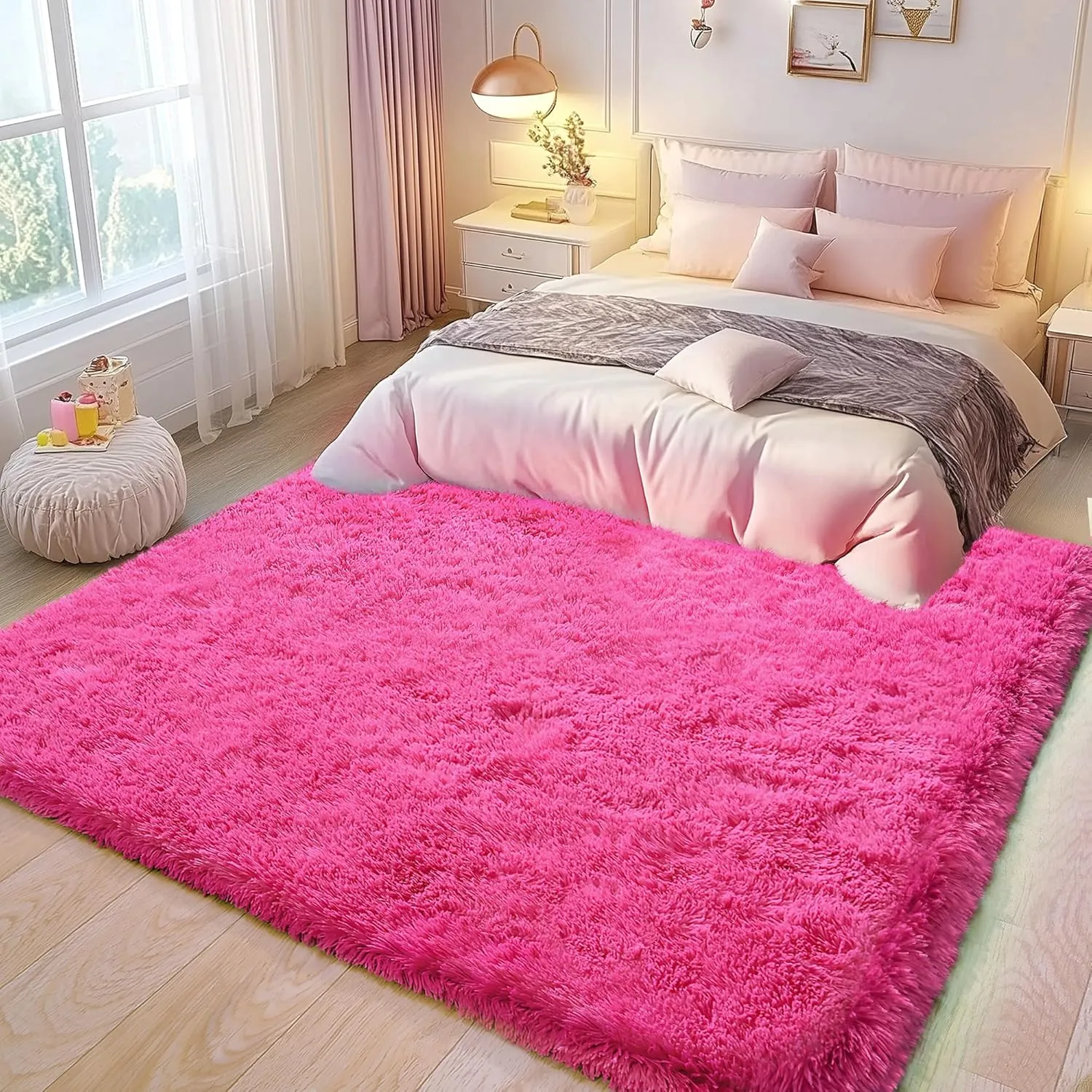 Soft Fluffy Rug for Living Room, 4x6 Hot Pink Shag Area Rug for Bedroom Living Room, Non-Slip Fuzzy Carpet for Girls Boys Kids, Throw Rugs for Dorm, Modern Home Decor Aesthetic