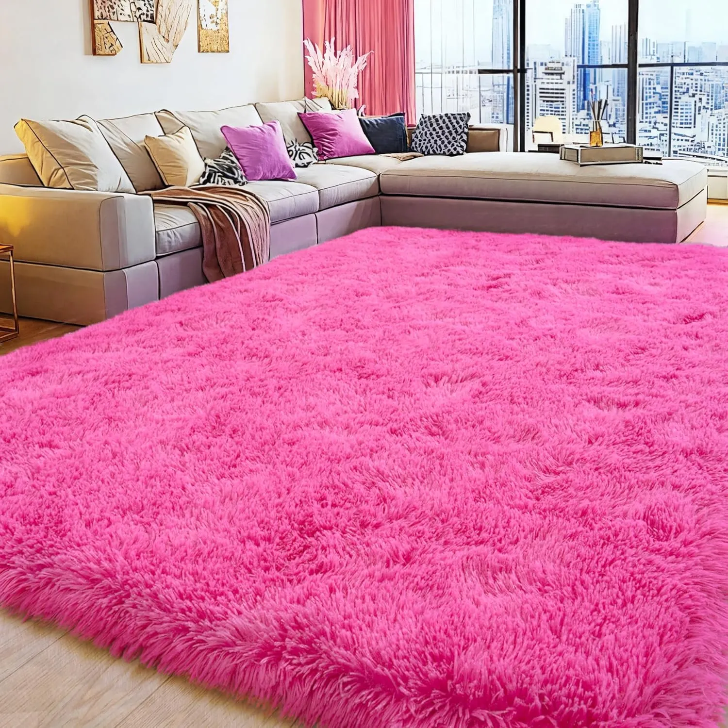 Soft Fluffy Rug for Living Room, 4x6 Hot Pink Shag Area Rug for Bedroom Living Room, Non-Slip Fuzzy Carpet for Girls Boys Kids, Throw Rugs for Dorm, Modern Home Decor Aesthetic