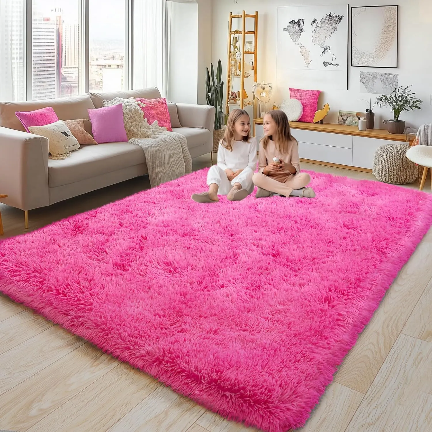 Soft Fluffy Rug for Living Room, 4x6 Hot Pink Shag Area Rug for Bedroom Living Room, Non-Slip Fuzzy Carpet for Girls Boys Kids, Throw Rugs for Dorm, Modern Home Decor Aesthetic