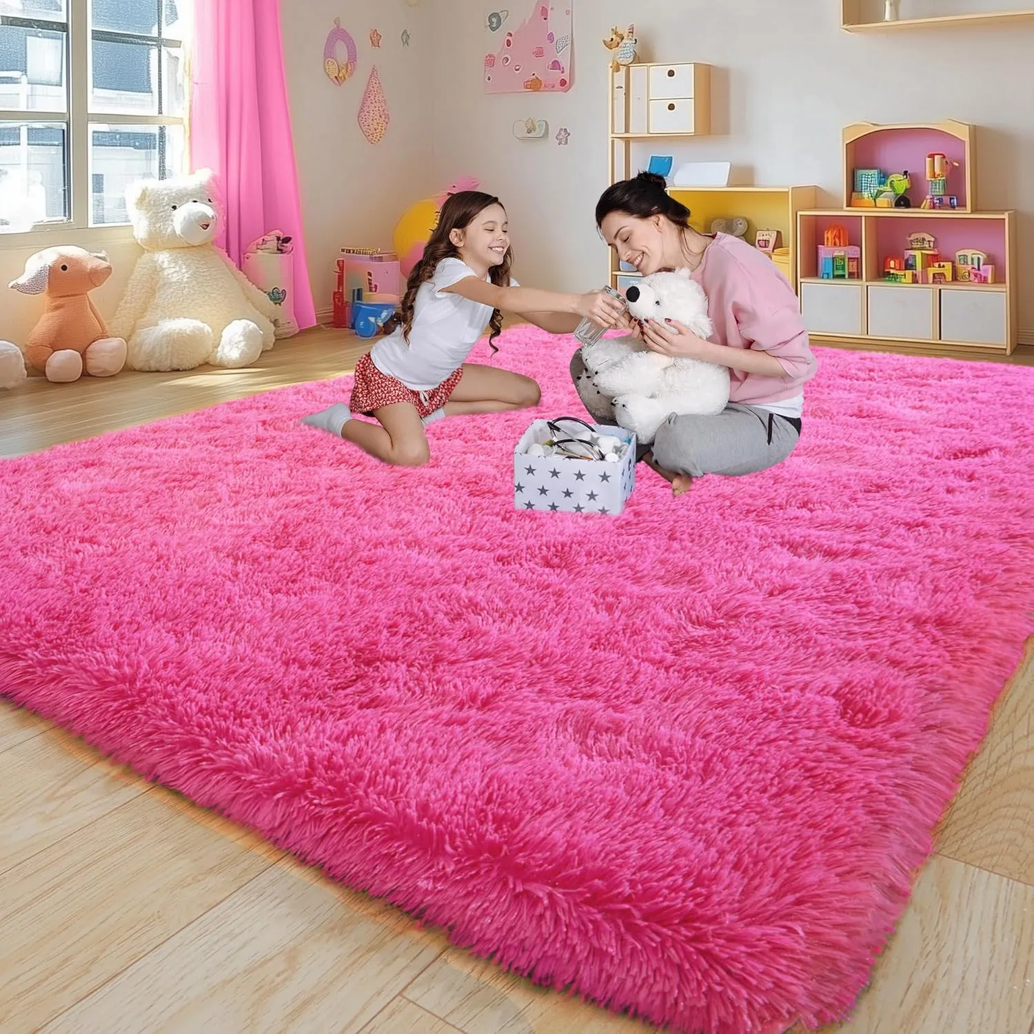 Soft Fluffy Rug for Living Room, 4x6 Hot Pink Shag Area Rug for Bedroom Living Room, Non-Slip Fuzzy Carpet for Girls Boys Kids, Throw Rugs for Dorm, Modern Home Decor Aesthetic