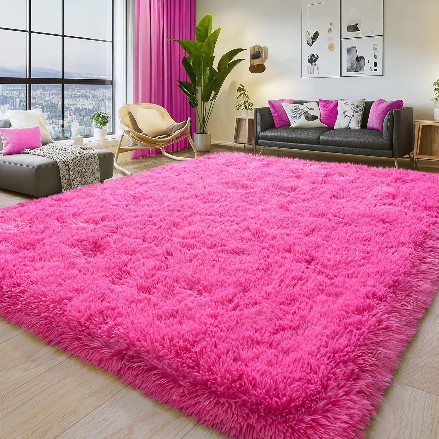 Soft Fluffy Rug for Living Room, 4x6 Hot Pink Shag Area Rug for Bedroom Living Room, Non-Slip Fuzzy Carpet for Girls Boys Kids, Throw Rugs for Dorm, Modern Home Decor Aesthetic