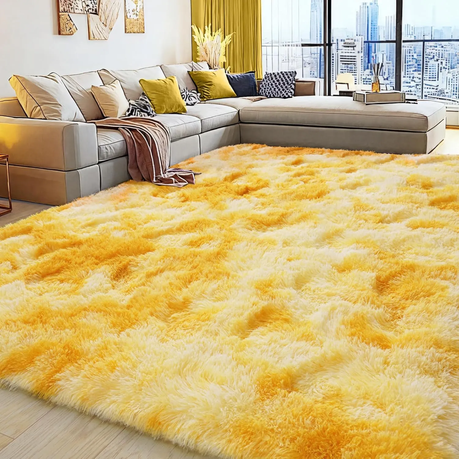 Soft Fluffy Rug for Living Room, 4x6 Tie-Dyed Yellow Shag Area Rug for Bedroom Living Room, Non-Slip Fuzzy Carpet for Girls Boys Kids, Throw Rugs for Dorm, Modern Home Decor Aesthetic