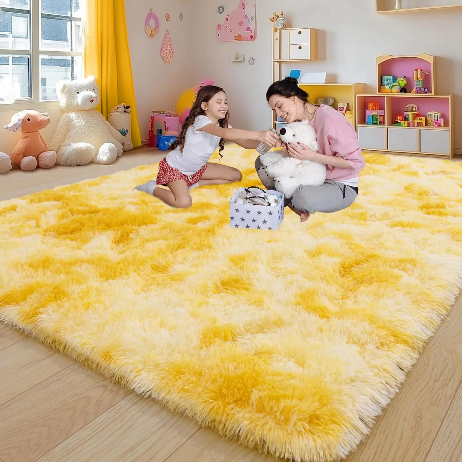 Soft Fluffy Rug for Living Room, 4x6 Tie-Dyed Yellow Shag Area Rug for Bedroom Living Room, Non-Slip Fuzzy Carpet for Girls Boys Kids, Throw Rugs for Dorm, Modern Home Decor Aesthetic