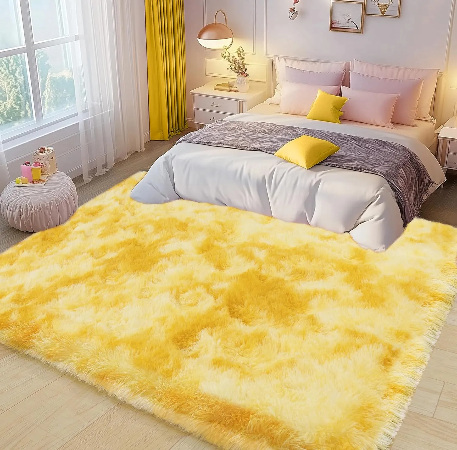 Soft Fluffy Rug for Living Room, 4x6 Tie-Dyed Yellow Shag Area Rug for Bedroom Living Room, Non-Slip Fuzzy Carpet for Girls Boys Kids, Throw Rugs for Dorm, Modern Home Decor Aesthetic