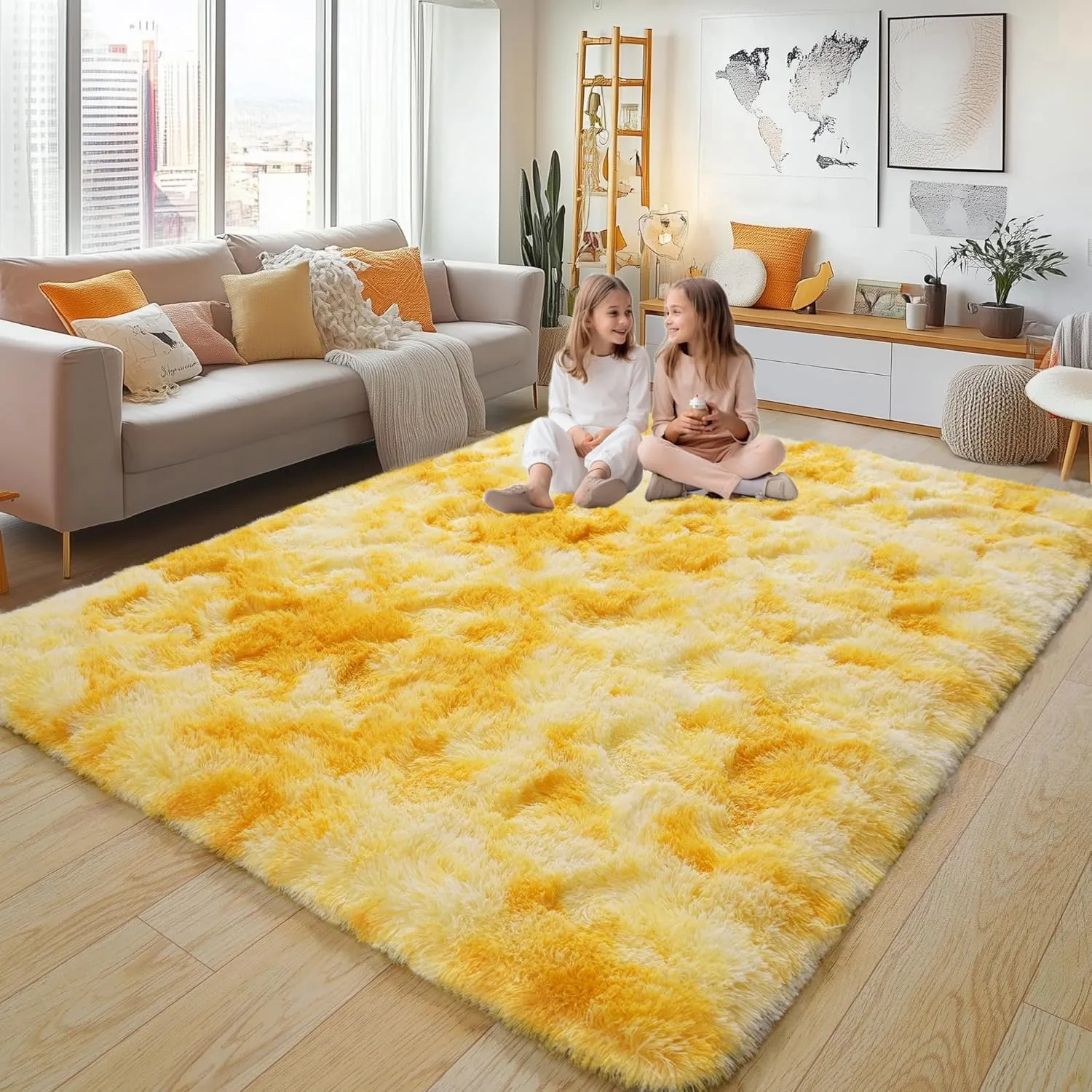 Soft Fluffy Rug for Living Room, 4x6 Tie-Dyed Yellow Shag Area Rug for Bedroom Living Room, Non-Slip Fuzzy Carpet for Girls Boys Kids, Throw Rugs for Dorm, Modern Home Decor Aesthetic