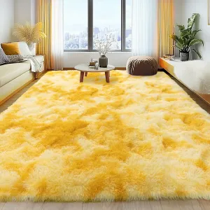 Soft Fluffy Rug for Living Room, 4x6 Tie-Dyed Yellow Shag Area Rug for Bedroom Living Room, Non-Slip Fuzzy Carpet for Girls Boys Kids, Throw Rugs for Dorm, Modern Home Decor Aesthetic