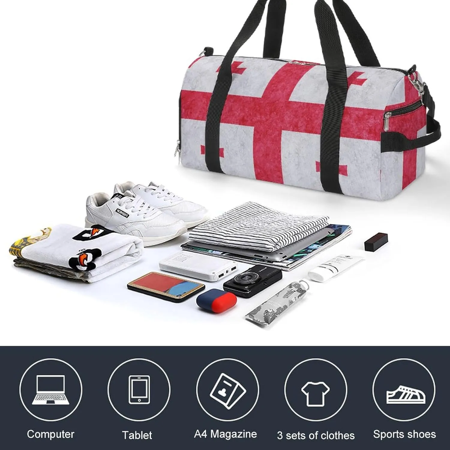 Sports Duffel Bag with Georgia Flag Textured Shoe Compartment Waterproof for Travel Gym