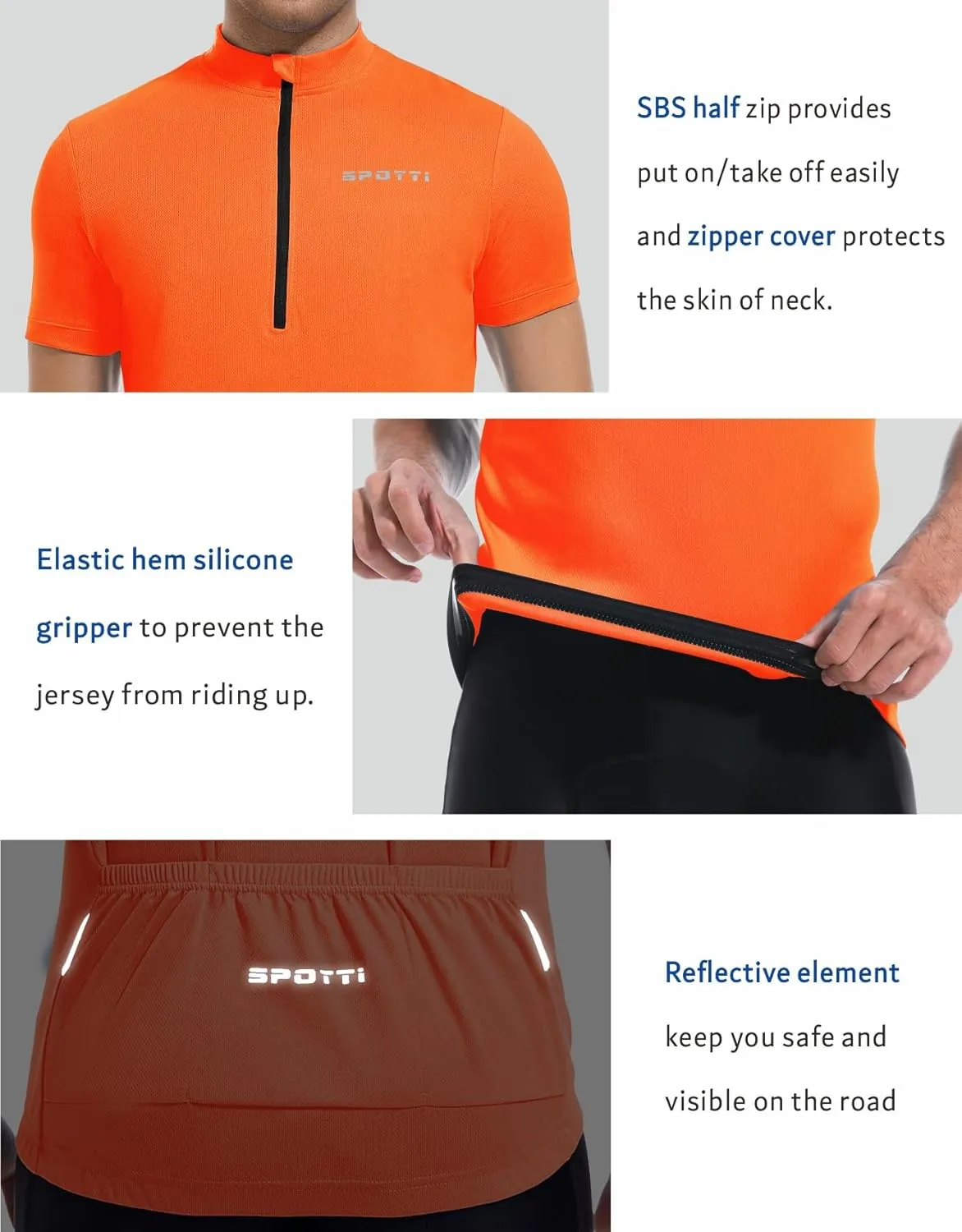 Spotti Men's Cycling Bike Jersey Short Sleeve with 3 Rear Pockets- Moisture Wicking, Breathable, Quick Dry Biking Shirt