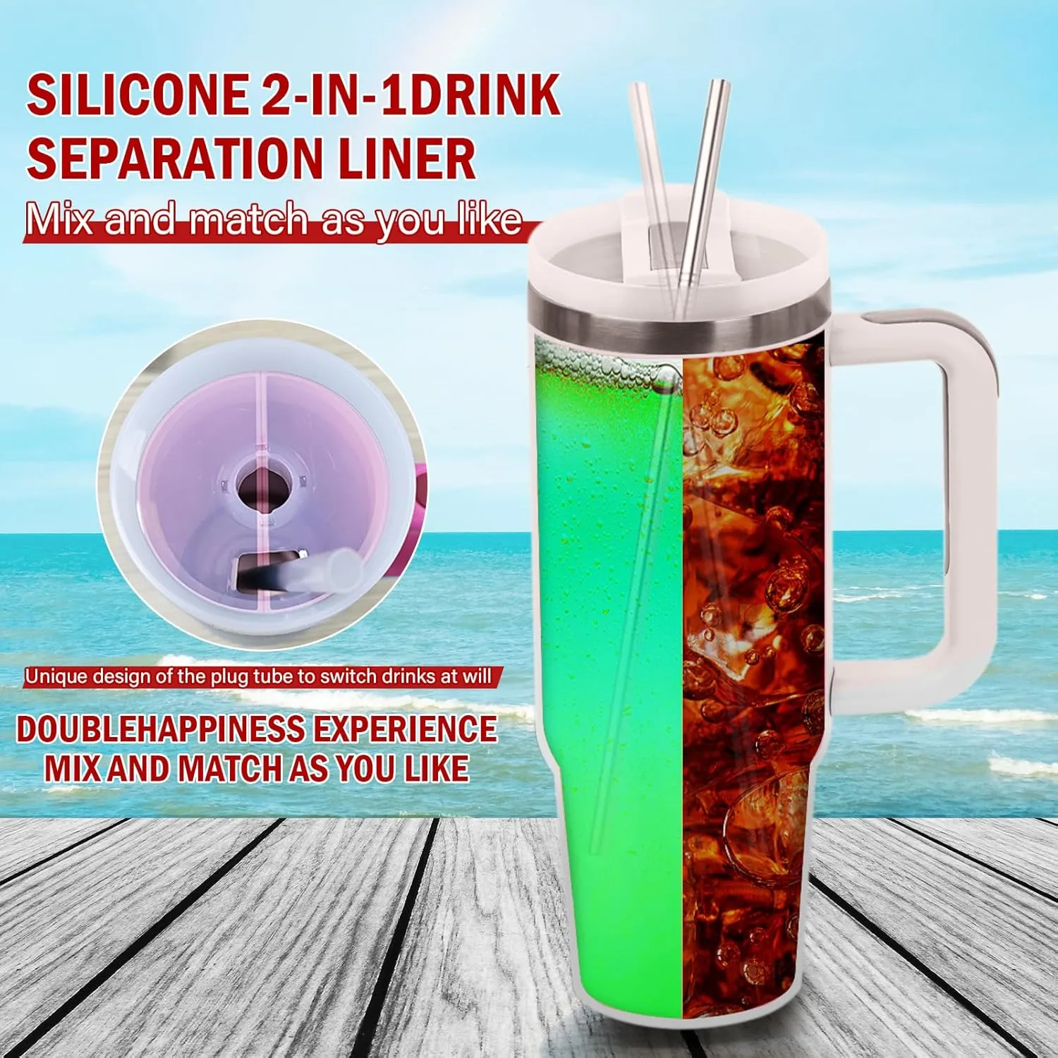 Stanley Cup 2-in-1 Drink Separator Silicone Liner, Compatible with 40 oz, Accessory, Reusable Liner for Party, Leisure, Outdoor, Office (Blue/Pink), Large, ND2.0
