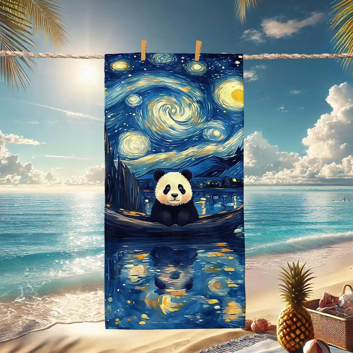 Starry Night Panda Microfiber Beach Towel Extra Large Blue Artistic Design Quick Dry Absorbent Sand Free Lightweight Beach Blanket, Vacation Picnic Essentials 70x35 Inch