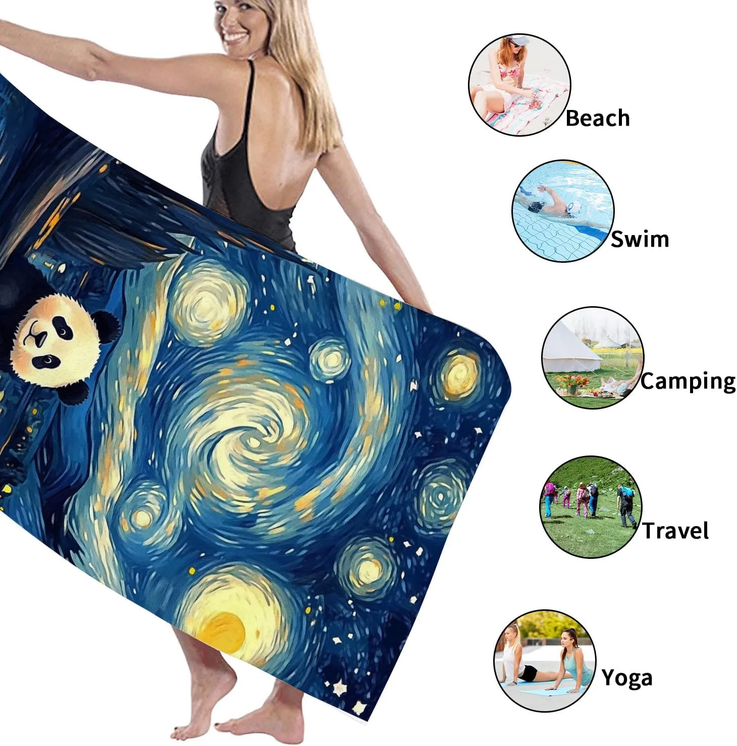 Starry Night Panda Microfiber Beach Towel Extra Large Blue Artistic Design Quick Dry Absorbent Sand Free Lightweight Beach Blanket, Vacation Picnic Essentials 70x35 Inch