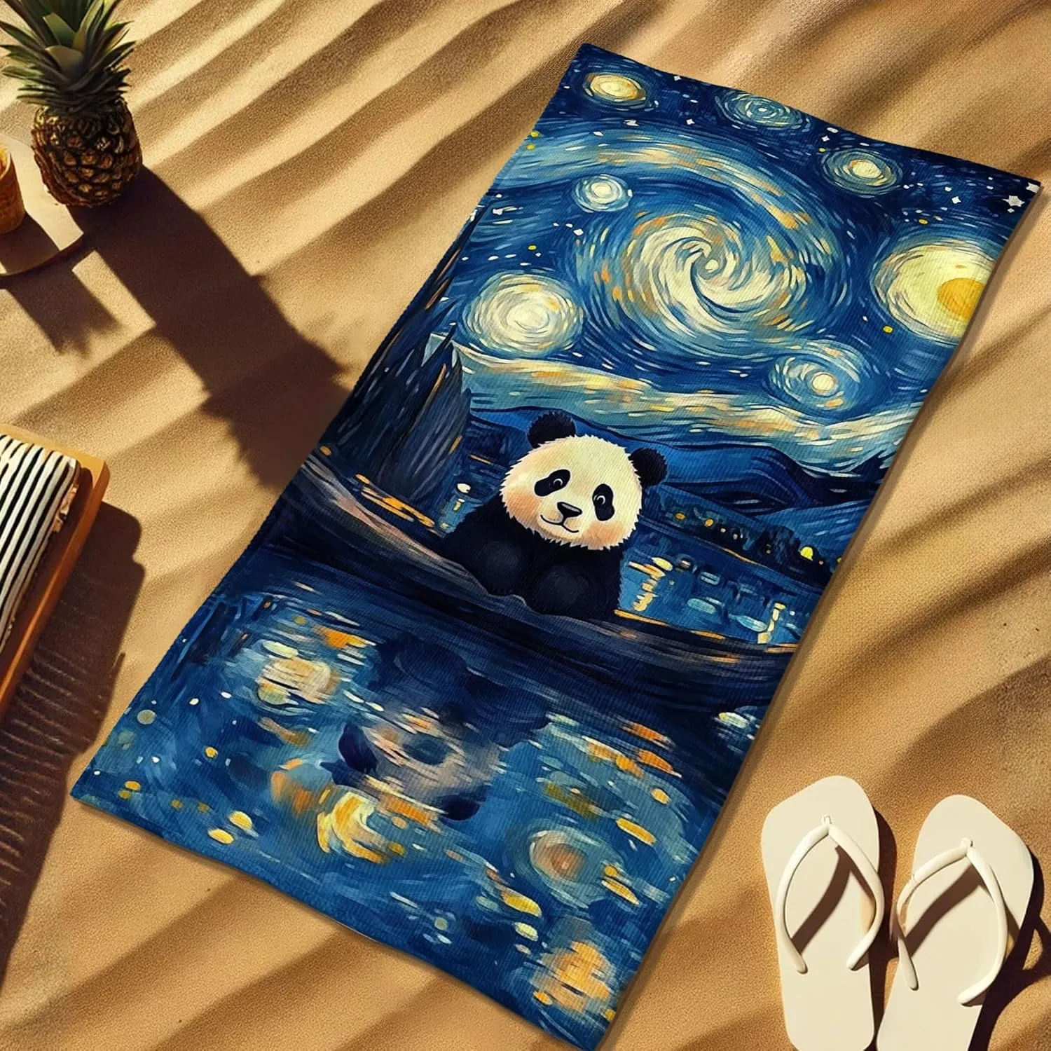 Starry Night Panda Microfiber Beach Towel Extra Large Blue Artistic Design Quick Dry Absorbent Sand Free Lightweight Beach Blanket, Vacation Picnic Essentials 70x35 Inch
