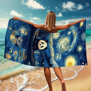 Starry Night Panda Microfiber Beach Towel Extra Large Blue Artistic Design Quick Dry Absorbent Sand Free Lightweight Beach Blanket, Vacation Picnic Essentials 70x35 Inch