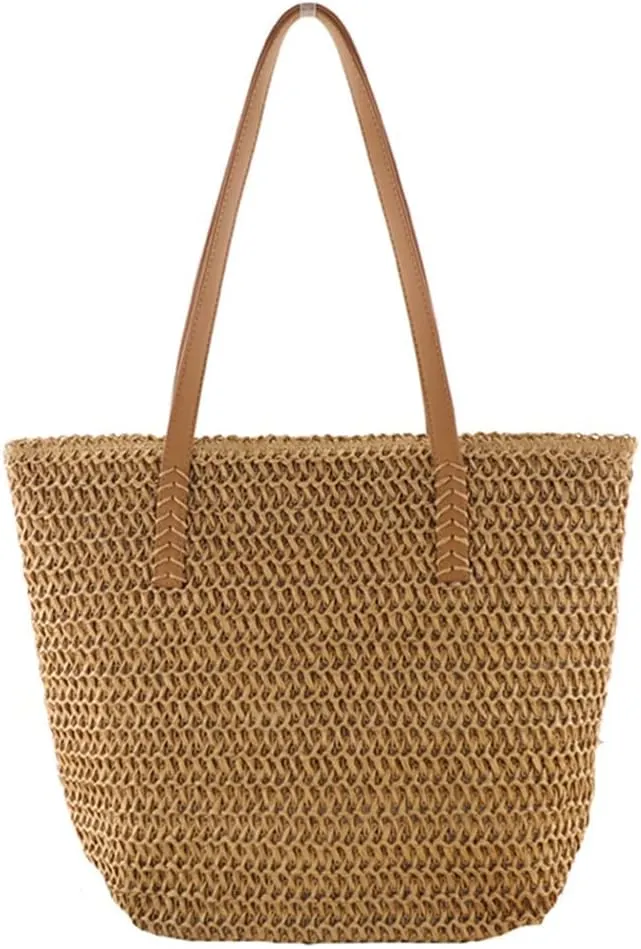 Straw Beach Bag with Zipper Large Woven Summer Boho Tote Handbag Rattan Wicker Purse for Shopping Summer Vacation