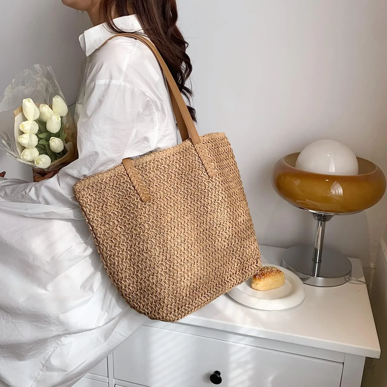 Straw Beach Bag with Zipper Large Woven Summer Boho Tote Handbag Rattan Wicker Purse for Shopping Summer Vacation