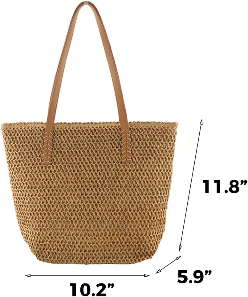 Straw Beach Bag with Zipper Large Woven Summer Boho Tote Handbag Rattan Wicker Purse for Shopping Summer Vacation