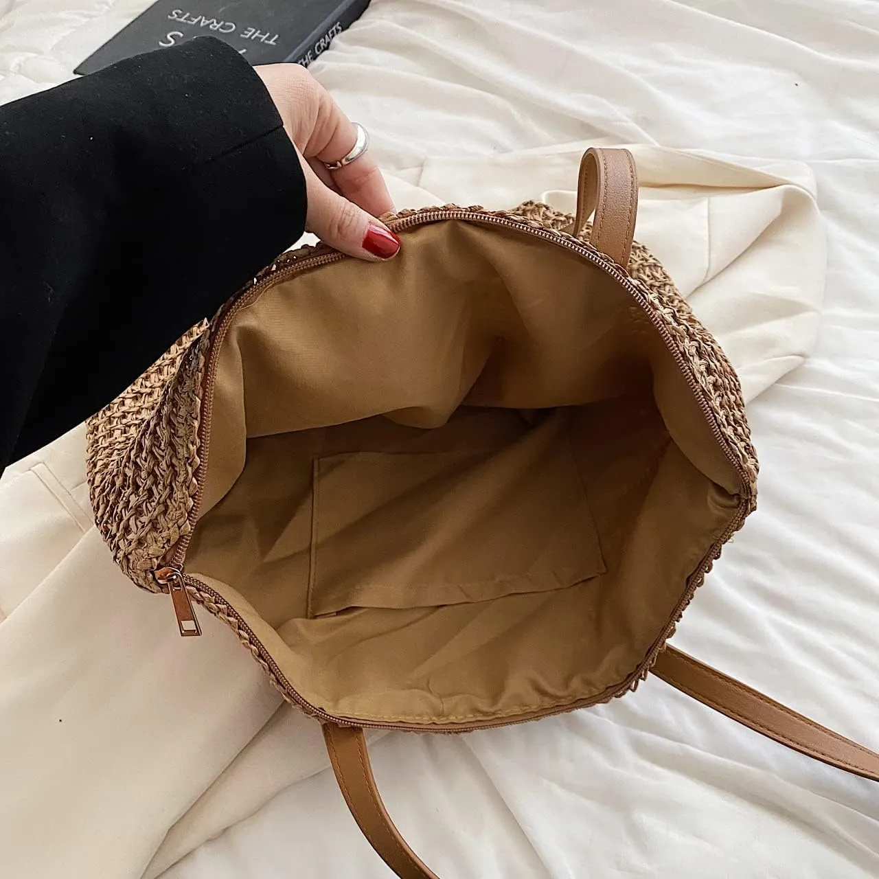 Straw Beach Bag with Zipper Large Woven Summer Boho Tote Handbag Rattan Wicker Purse for Shopping Summer Vacation