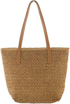 Straw Beach Bag with Zipper Large Woven Summer Boho Tote Handbag Rattan Wicker Purse for Shopping Summer Vacation